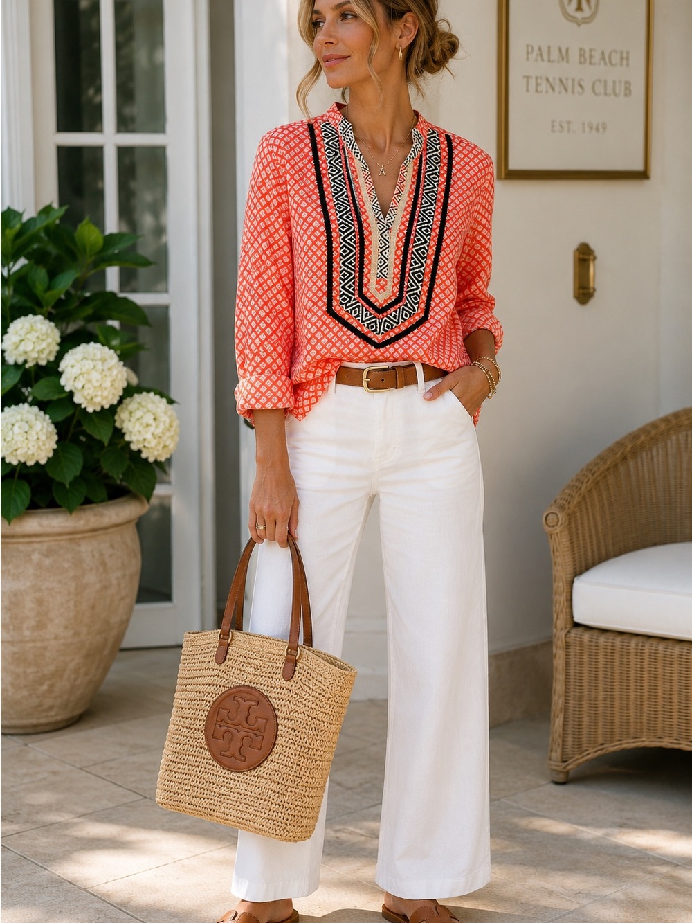 Tory Burch Coral Geometric Embroidered Tunic
